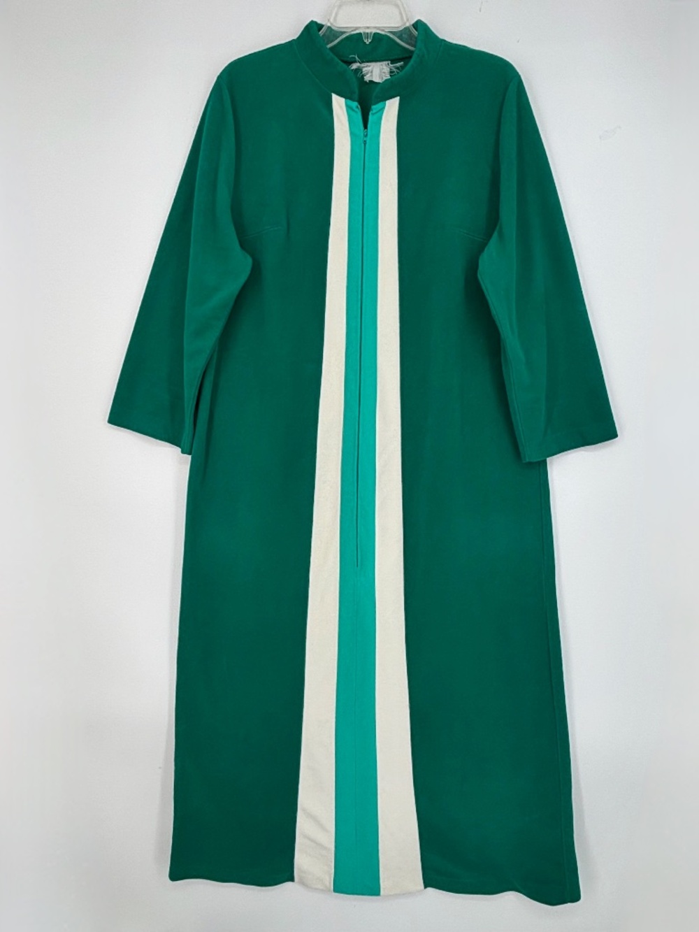 Womens Size Large Vintage Zip Front Bath Robe House Coat Green Cream Fleece